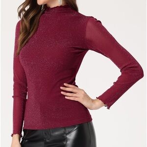 Sheer Sparkly Red Turtleneck Top